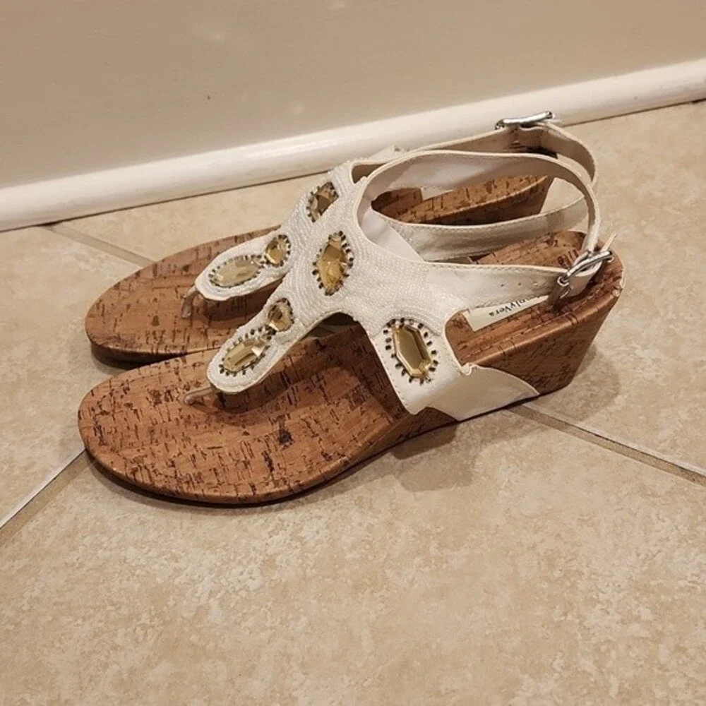Simply Vera Vera Wang Brown Wedge Sandals w/ Bejeweled White Straps Size 10